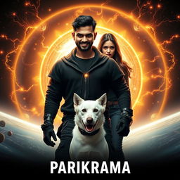 A captivating cinematic film poster titled 'Parikrama', featuring a powerful 27-year-old Indian man with multiversal dark magical powers, standing boldly in the stunning expanse of our solar system