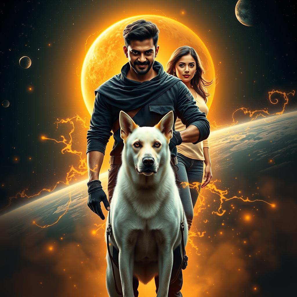 A captivating cinematic film poster titled 'Parikrama', featuring a powerful 27-year-old Indian man with multiversal dark magical powers, standing boldly in the stunning expanse of our solar system