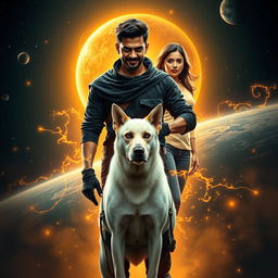 A captivating cinematic film poster titled 'Parikrama', featuring a powerful 27-year-old Indian man with multiversal dark magical powers, standing boldly in the stunning expanse of our solar system