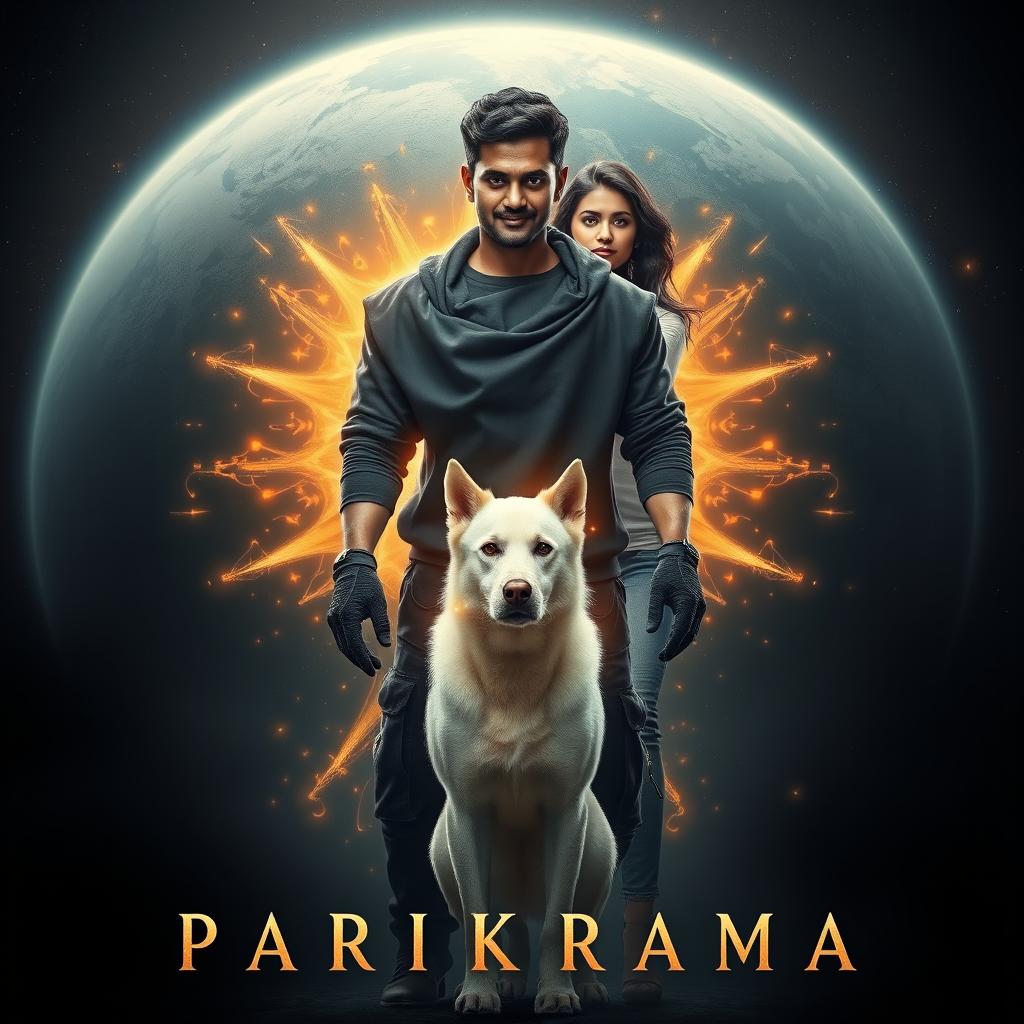 A captivating cinematic film poster titled 'Parikrama', featuring a powerful 27-year-old Indian man with multiversal dark magical powers, standing confidently amidst the vastness of our solar system