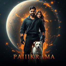 A captivating cinematic film poster titled 'Parikrama', featuring a powerful 27-year-old Indian man with multiversal dark magical powers, standing confidently amidst the vastness of our solar system