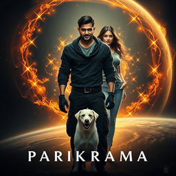 A captivating cinematic film poster titled 'Parikrama', featuring a powerful 27-year-old Indian man with multiversal dark magical powers, standing confidently amidst the vastness of our solar system