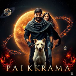 A captivating cinematic film poster titled 'Parikrama', featuring a powerful 27-year-old Indian man with multiversal dark magical powers, standing confidently amidst the vastness of our solar system