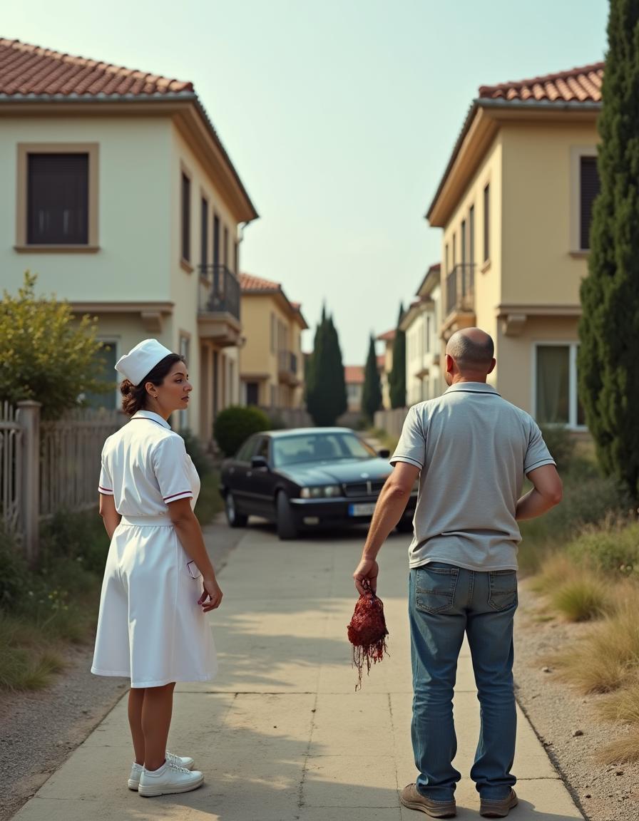 A Spanish middle-class residential area that is half-abandoned, featuring two identical houses with traditional Spanish architecture in the background