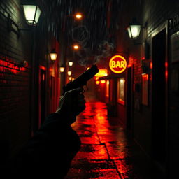 A tense and moody scene set in a dark, rain-soaked alleyway at night, illuminated by flickering street lamps casting eerie shadows