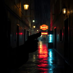 A tense and moody scene set in a dark, rain-soaked alleyway at night, illuminated by flickering street lamps casting eerie shadows