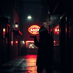 A tense and moody scene set in a dark, rain-soaked alleyway at night, illuminated by flickering street lamps casting eerie shadows