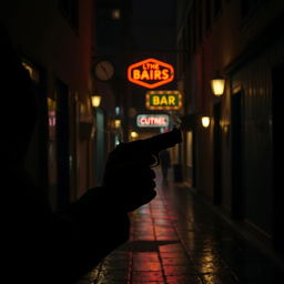 A tense and moody scene set in a dark, rain-soaked alleyway at night, illuminated by flickering street lamps casting eerie shadows