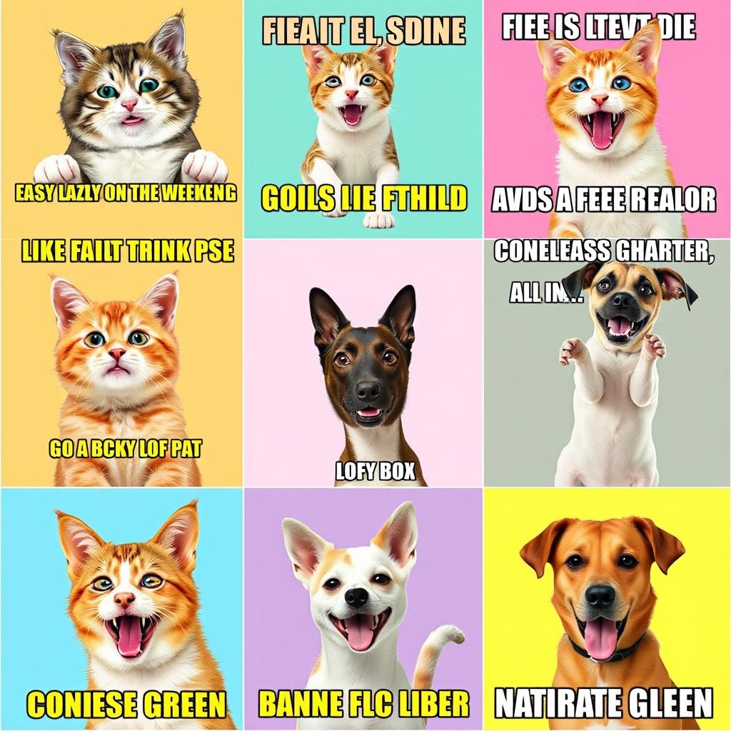 A collection of funny and relatable memes, featuring humorous cats and dogs, with exaggerated facial expressions and comedic captions