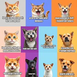 A collection of funny and relatable memes, featuring humorous cats and dogs, with exaggerated facial expressions and comedic captions