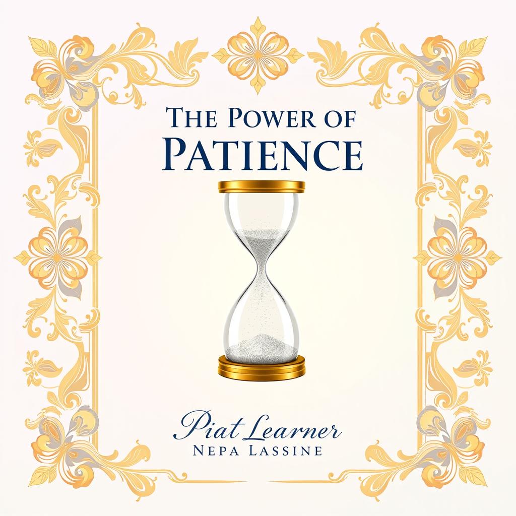 An elegant book cover design for 'The Power of Patience' by Great Learner, featuring a beautiful decorative border made of intricate floral patterns in soft gold tones