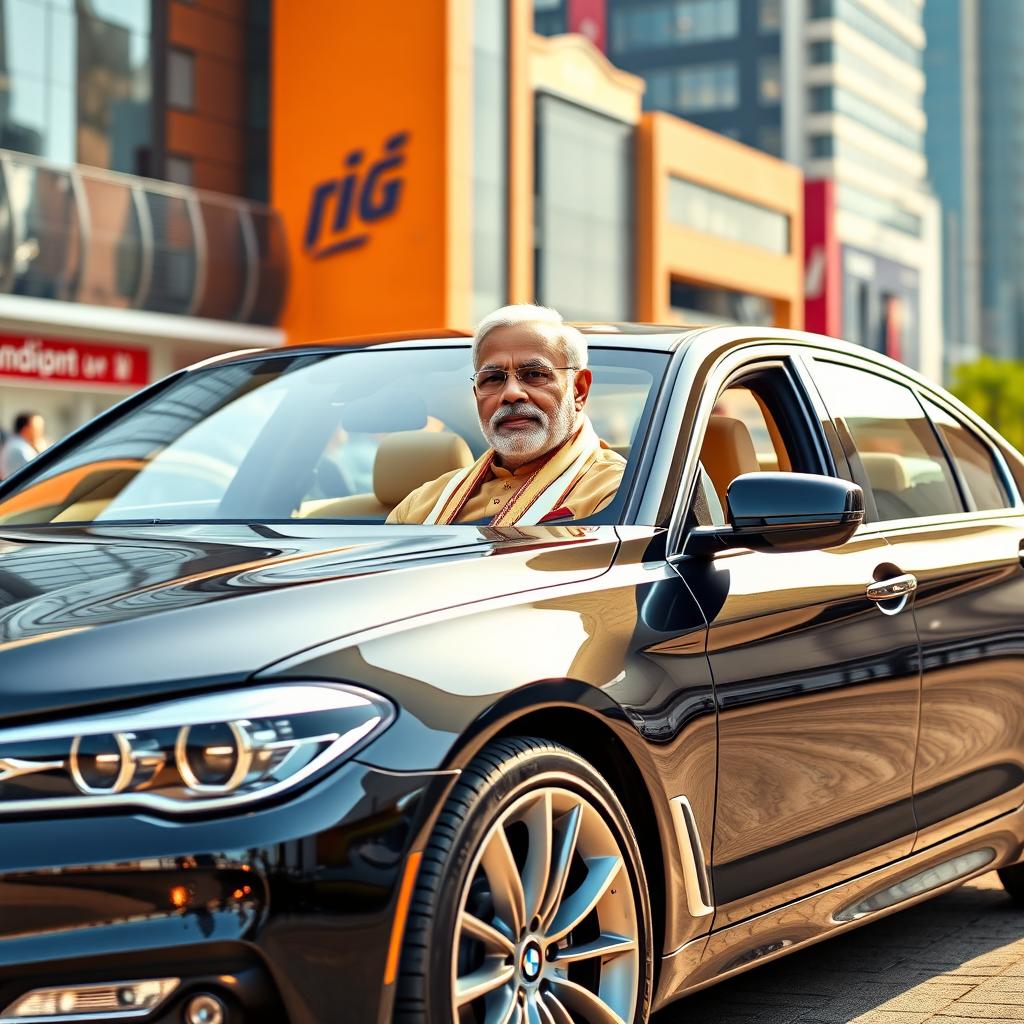 Indian Prime Minister Narendra Modi confidently seated in a luxurious black BMW, surrounded by a vibrant urban backdrop with modern architecture reflecting India’s economic growth