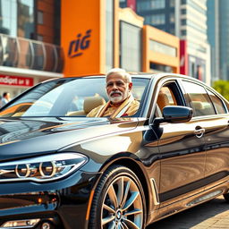 Indian Prime Minister Narendra Modi confidently seated in a luxurious black BMW, surrounded by a vibrant urban backdrop with modern architecture reflecting India’s economic growth