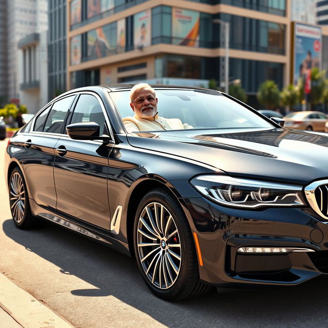 Indian Prime Minister Narendra Modi confidently seated in a luxurious black BMW, surrounded by a vibrant urban backdrop with modern architecture reflecting India’s economic growth