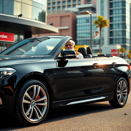 Indian Prime Minister Narendra Modi confidently seated in a luxurious black BMW, surrounded by a vibrant urban backdrop with modern architecture reflecting India’s economic growth