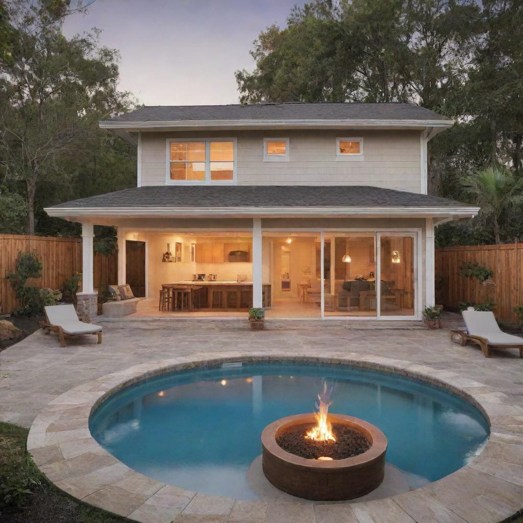 A very small beach house featuring a midpoint fire pit, with a pool in front, and a sociable front area. This space creates a warm, welcoming ambiance perfect for beach-side living.