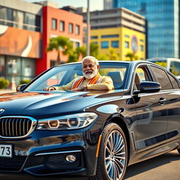 Indian Prime Minister Narendra Modi confidently seated in a luxurious black BMW, surrounded by a vibrant urban backdrop with modern architecture reflecting India’s economic growth