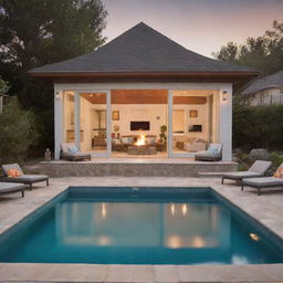 A very small beach house featuring a midpoint fire pit, with a pool in front, and a sociable front area. This space creates a warm, welcoming ambiance perfect for beach-side living.