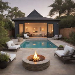 A very small beach house featuring a midpoint fire pit, with a pool in front, and a sociable front area. This space creates a warm, welcoming ambiance perfect for beach-side living.