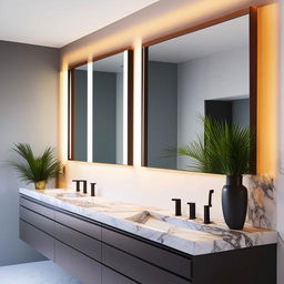 A modern bathroom redesign featuring sleek fixtures, marble countertops, and ambient lighting. Add a large mirror and plants for a refreshing touch.