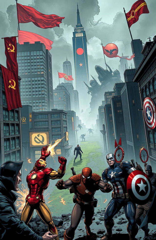 A dynamic comic book scene depicting a dystopian world shaped by a Cold War that never ended