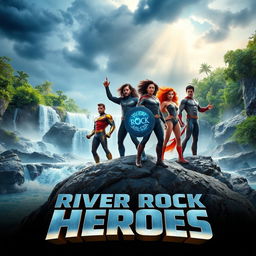 A dynamic and visually striking movie cover for 'RIVER ROCK HEROES'