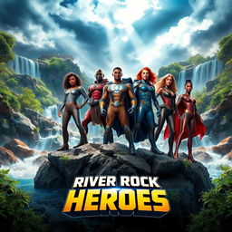 A dynamic and visually striking movie cover for 'RIVER ROCK HEROES'