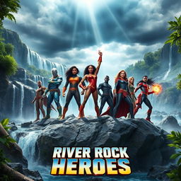 A dynamic and visually striking movie cover for 'RIVER ROCK HEROES'