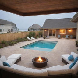 A very small beach house featuring a midpoint fire pit, with a pool in front, and a sociable front area. This space creates a warm, welcoming ambiance perfect for beach-side living.