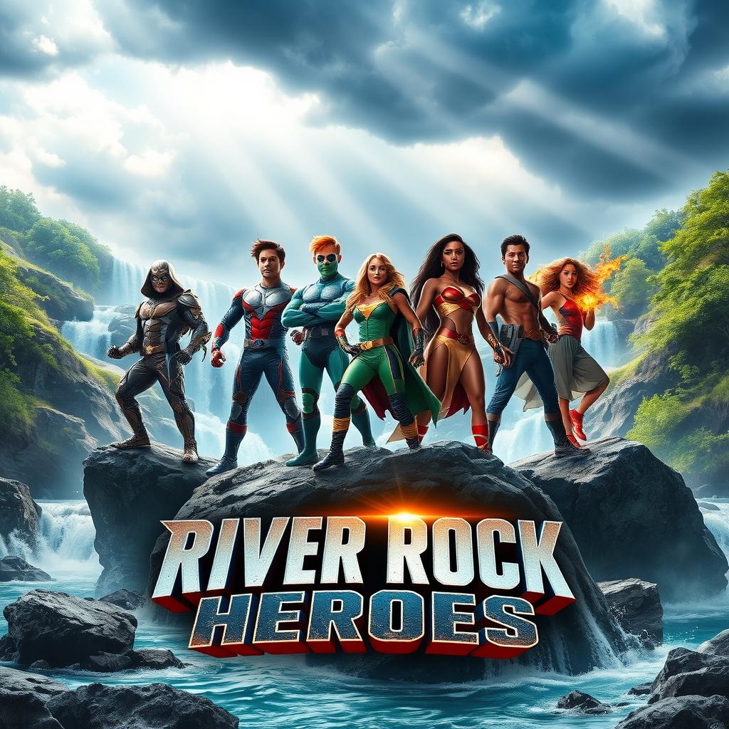 A dynamic and visually striking movie cover for 'RIVER ROCK HEROES'