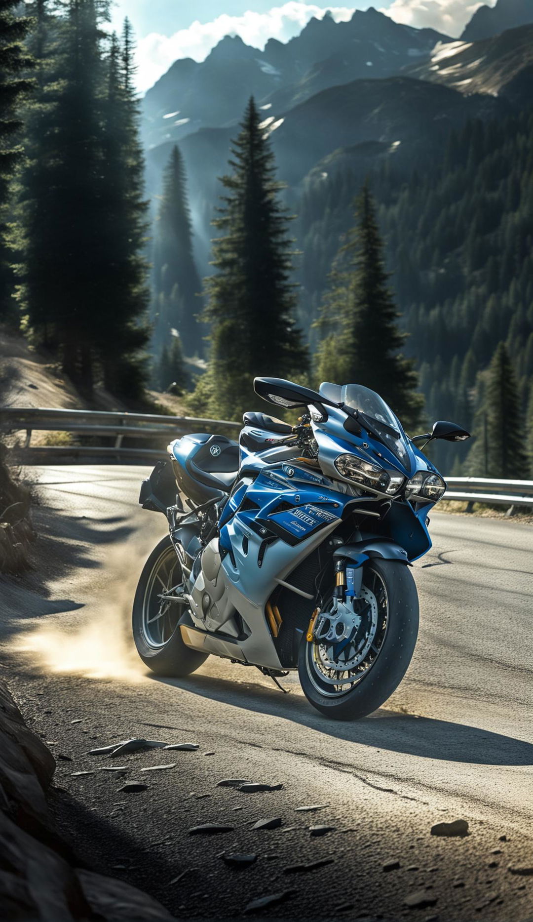 An accurately depicted BMW S1000RR carving through mountain roads.