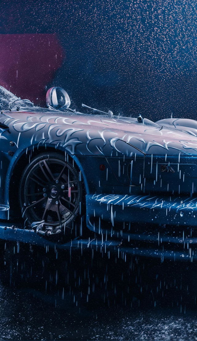 Intense close-up editorial shot of a light blue Porsche 911 driving through pouring rain against a pastel pink backdrop.