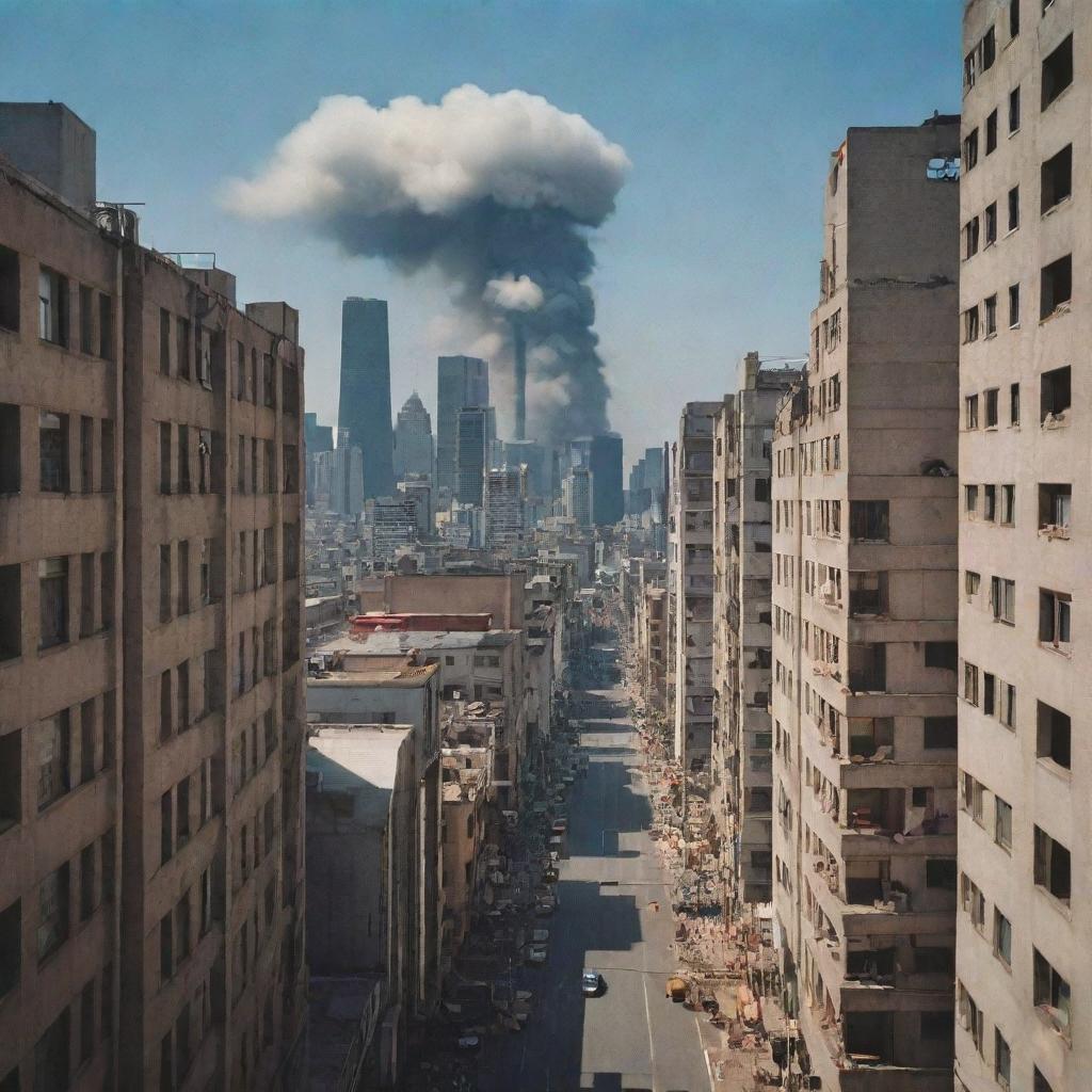 A vivid cityscape in the foreground with towering skyscrapers and bustling life, contrasted by distant nuclear explosions on the far horizon, visible from a first-person perspective.