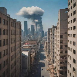 A vivid cityscape in the foreground with towering skyscrapers and bustling life, contrasted by distant nuclear explosions on the far horizon, visible from a first-person perspective.