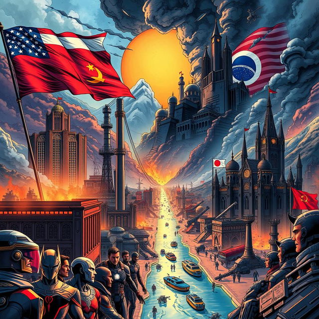 In a captivating Marvel comic style illustration showcasing Earth-1981278806-AT, a unique MCU world where the Cold War never ended, the image depicts an alternate Marvel Universe transformed by Soviet power, Imperial Japan's advanced technology, and a fractured NATO