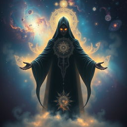 A mysterious deity depicted as a shadowy figure enveloped in cosmic energy, with glowing eyes and intricate patterns of light swirling around their form