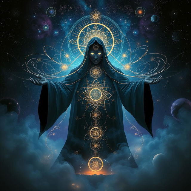 A mysterious deity depicted as a shadowy figure enveloped in cosmic energy, with glowing eyes and intricate patterns of light swirling around their form