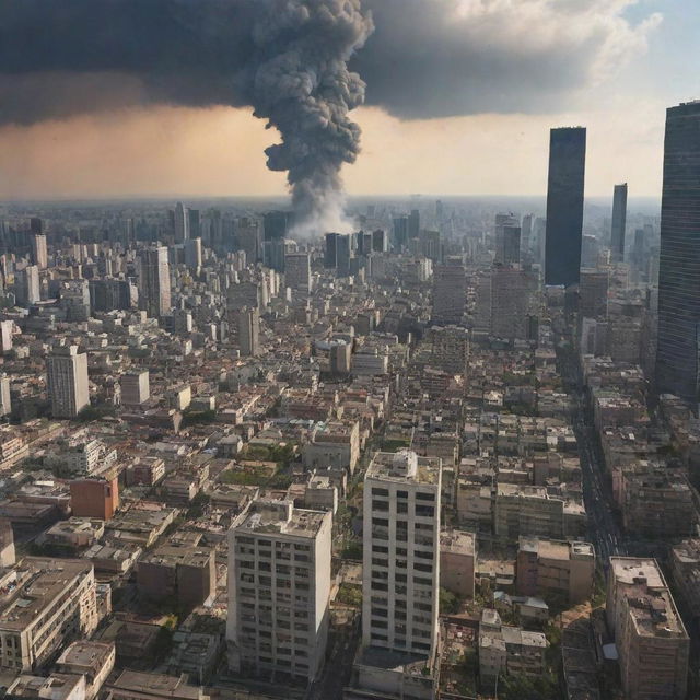 A vivid cityscape in the foreground with towering skyscrapers and bustling life, contrasted by distant nuclear explosions on the far horizon, visible from a first-person perspective.