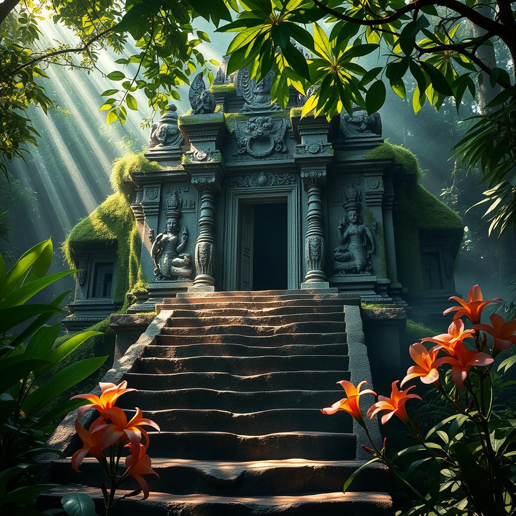 A stunningly detailed, ancient temple shrouded in mystery, surrounded by dense jungle vegetation