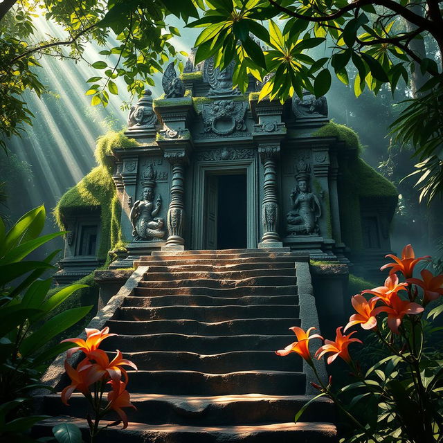 A stunningly detailed, ancient temple shrouded in mystery, surrounded by dense jungle vegetation