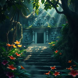 A stunningly detailed, ancient temple shrouded in mystery, surrounded by dense jungle vegetation