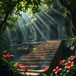 A stunningly detailed, ancient temple shrouded in mystery, surrounded by dense jungle vegetation