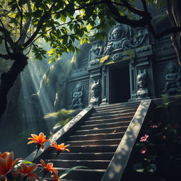 A stunningly detailed, ancient temple shrouded in mystery, surrounded by dense jungle vegetation