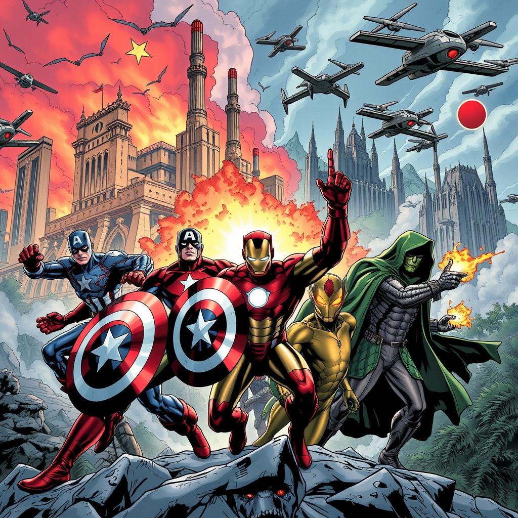 In a dynamic Marvel comic illustration showcasing iconic heroes such as Captain America, Iron Man, Quicksilver, and Doctor Doom, the scene unfolds in the alternate MCU world of Earth-1981278806-AT, where the Cold War never ended