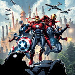 In a dynamic Marvel comic illustration showcasing iconic heroes such as Captain America, Iron Man, Quicksilver, and Doctor Doom, the scene unfolds in the alternate MCU world of Earth-1981278806-AT, where the Cold War never ended