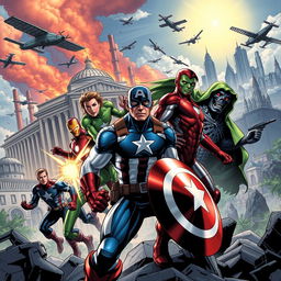 In a dynamic Marvel comic illustration showcasing iconic heroes such as Captain America, Iron Man, Quicksilver, and Doctor Doom, the scene unfolds in the alternate MCU world of Earth-1981278806-AT, where the Cold War never ended