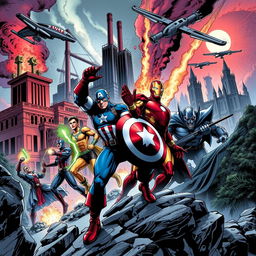 In a dynamic Marvel comic illustration showcasing iconic heroes such as Captain America, Iron Man, Quicksilver, and Doctor Doom, the scene unfolds in the alternate MCU world of Earth-1981278806-AT, where the Cold War never ended