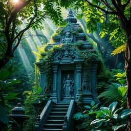 A serene and mystical Shiva temple nestled deep within a lush, dense jungle