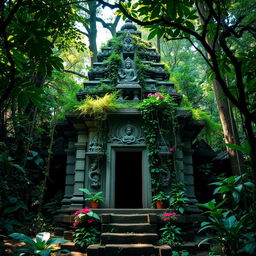 A serene and mystical Shiva temple nestled deep within a lush, dense jungle