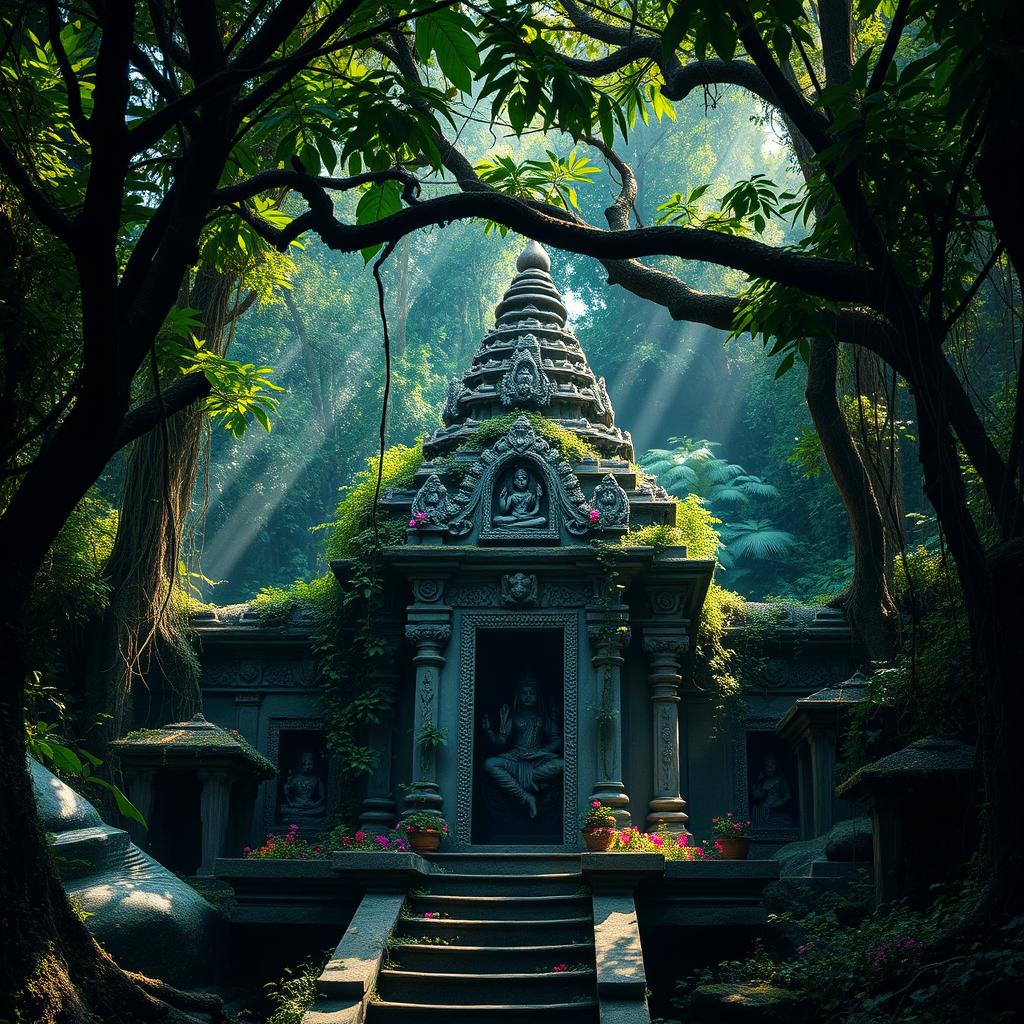 A serene and mystical Shiva temple nestled deep within a lush, dense jungle